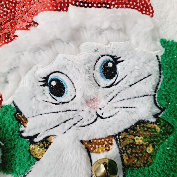Merry Christmas by Poof Sweater Sz Medium Green White Sparkle Kitty Hat Bell NWT - Picture 8 of 16